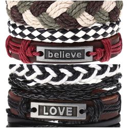 2 x Set Adjust. Size up to 9.5inc Leather Bracelet, (Believe_1-Love)