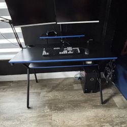 Bestier 44" K-Shaped Gaming Desk with Led Light CPU Stand Carbon Fiber RGB Computer Desk with Bookshelf Student PC Writing Study Table for Home Office