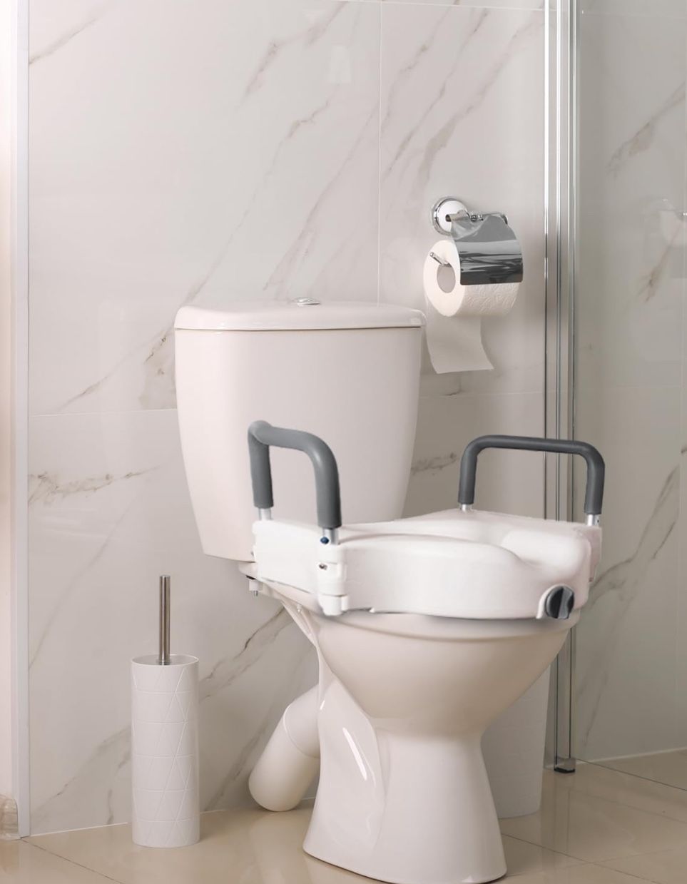 (203) Vaunn Raised Toilet Seat and Elevated Commode Booster Seat Riser with Removable Padded Grab bar Handles & Locking Mechanism