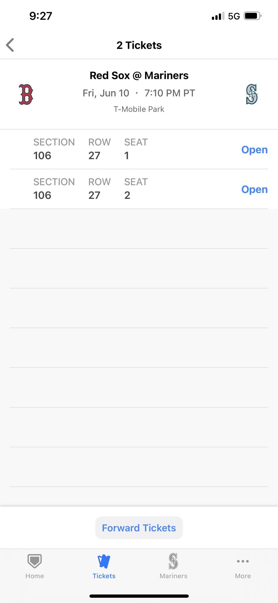Mariners vs Red Sox - 2 Tickets