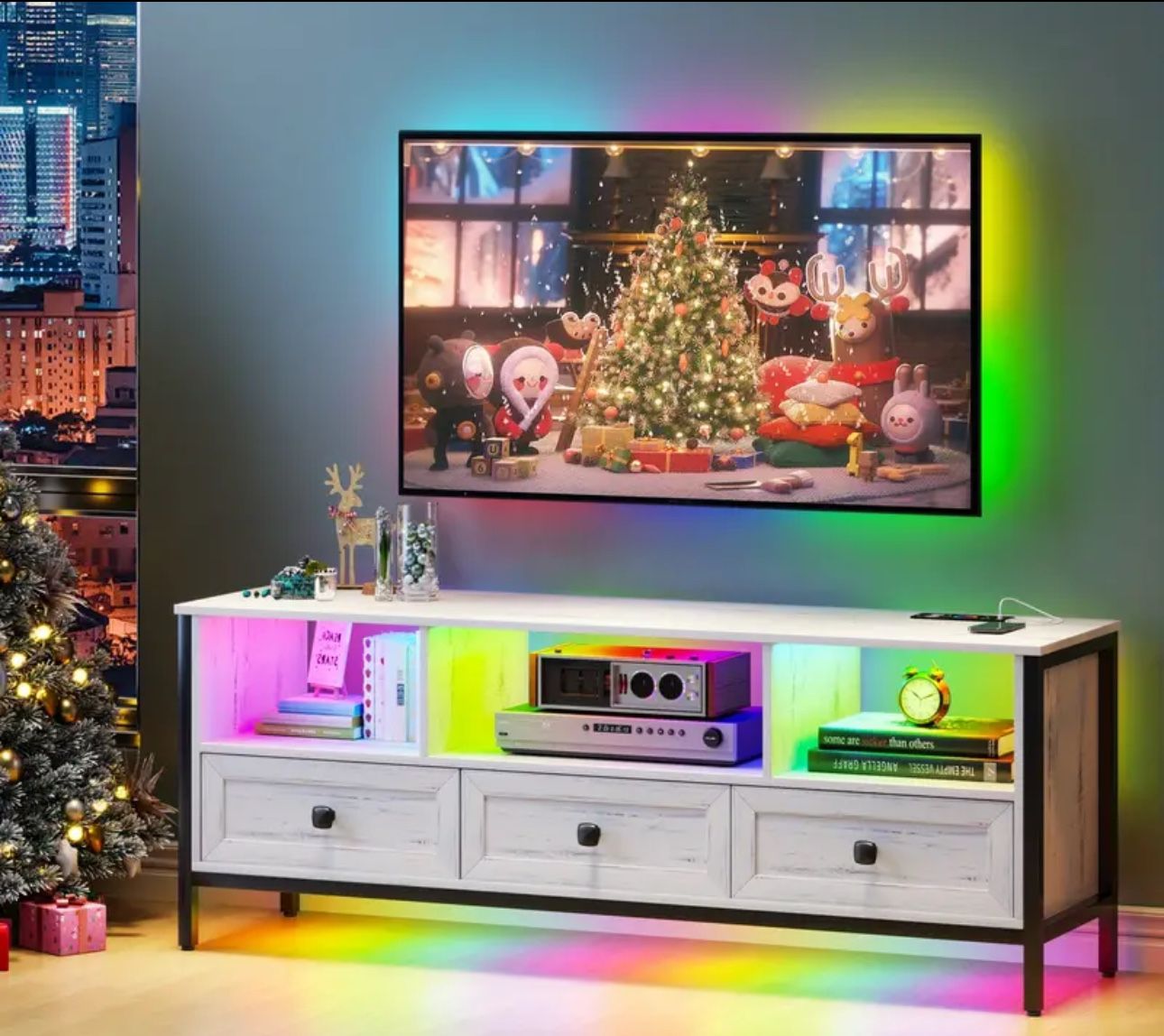 Lvifur LED TV Stand with Wireless Charging Station for 55 to 70 Inches Televisions, RGB Gaming Entertainment Center with 24 Color Dimmable, Auto Senso