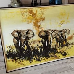Vintage Mid Century Oil on Canvas Painting of Three African Elephants by the Artist R. DeLongprie. Not familiar, please check out his work.