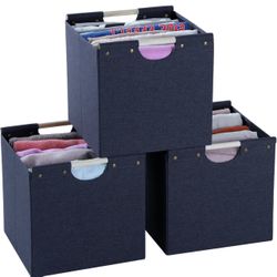 MORMAX Foldable Cube Storage Bins, Linen Fabric, 12 Inch Storage Cubes with Dual Wooden Handles, Pack Of 3