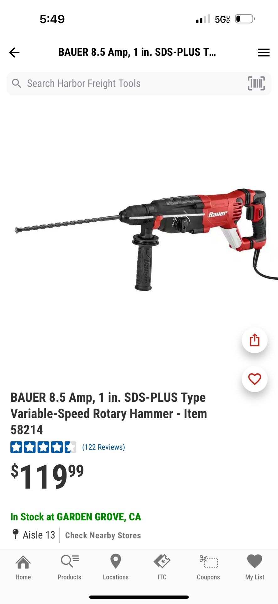 BAUER 8.5 Amp, 1 in. SDS-PLUS Type Variable-Speed Rotary Hammer