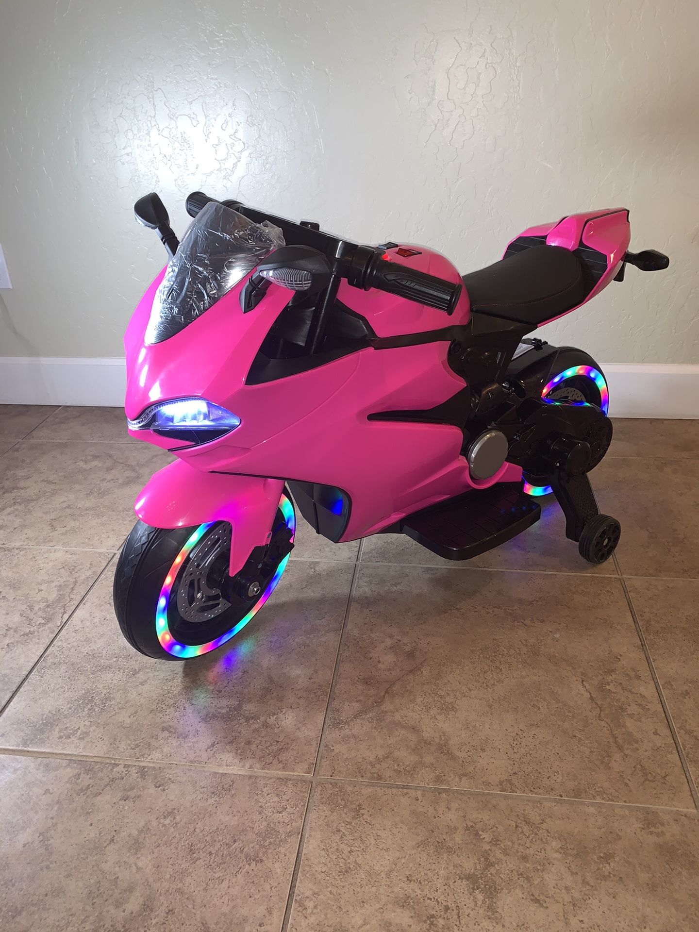 Electric 12v Pink Kids Mini Bike Ride On Motorcycle, LED wheels and training wheels