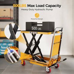 Foldable Hydraulic Lift Table Cart, 500lbs Capacity, 28.5" Lifting Height, Single Scissor Lift with Non-Slip Pad & Thickened Scissors Design for Mater