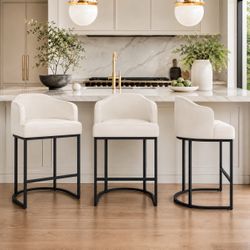 27''H Faux Leather Upholstered Metal Bar Stool, Ivory (Set of 3)
