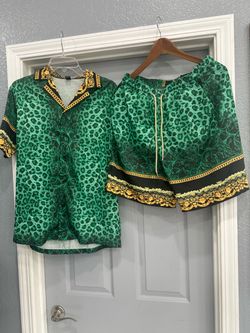 Green Leopard Print Two-Piece Short Set Sz S