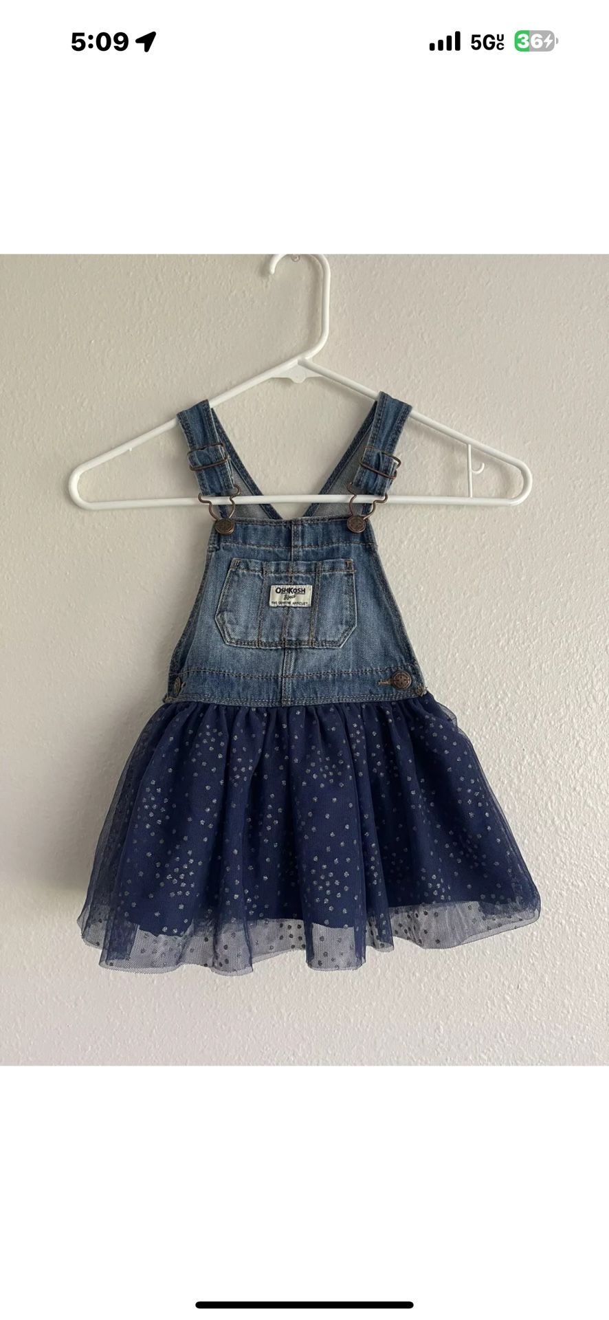 OshKosh Girls Denim Blue Jean Jumper Dress 2T Overalls Tulle Gold Dots 24m