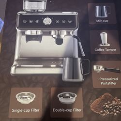 Espresso Machine with Grinder, 20 Bar Coffee Maker with Milk Frother Steam Wand