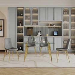 5 PIECE KITCHEN DINING ROOM TABLE SET GRAY GOLD GLASS TOP