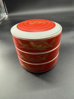 Beautiful Japanese Art Deco Red, White and Gold Crane Porcelain Three Layered Bento Jewelry Box
