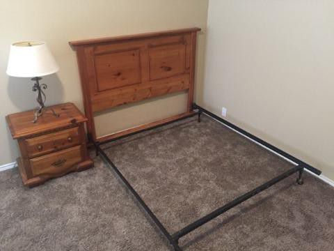 Queen headboard , frame, nightstand and lamp . Bedroom bed set . Good condition . No mattress or box included
