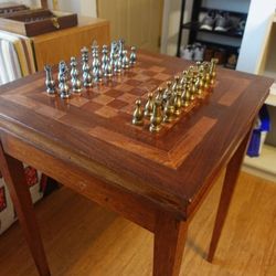 Midcentury Chess Board Table with Metal Chess Set - Delivered