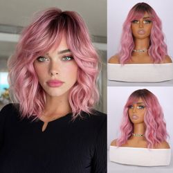 Pink Ombre Wavy Bob Wig with Bangs