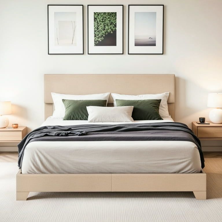 Queen Size Beige Fabric Upholstered Bed Frame with Adjustable Headboard, No Box Spring Needed, Low