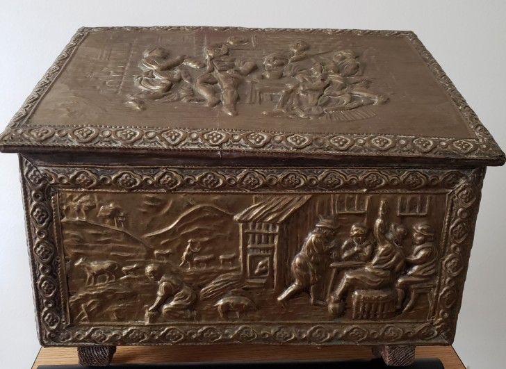 Antique Victorian Brass On Wood Coal Box