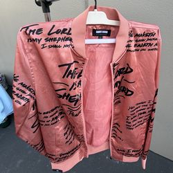 Collection Women's Pink Black Bomber Jacket Zip Psalm 23 Text Long Sleeve Size S