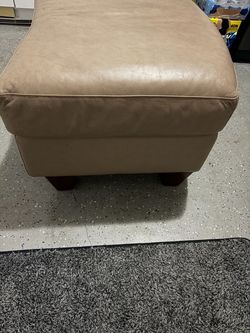 Tan Leather Ottoman with Wood Legs