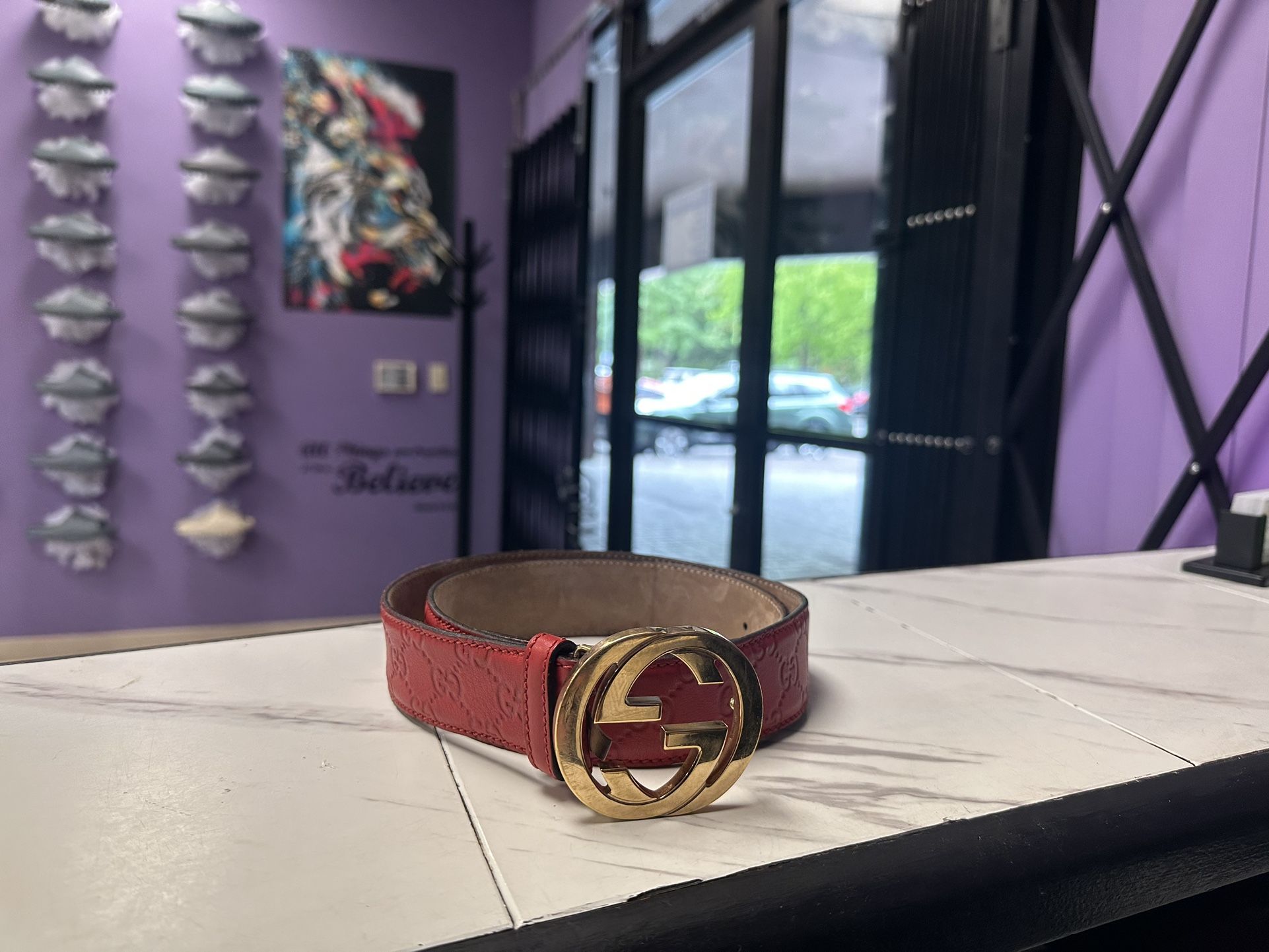Gucci Belt Red Silver Buckle