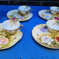 Stunning Hand Painted Snack Plates/cups By Lefton 