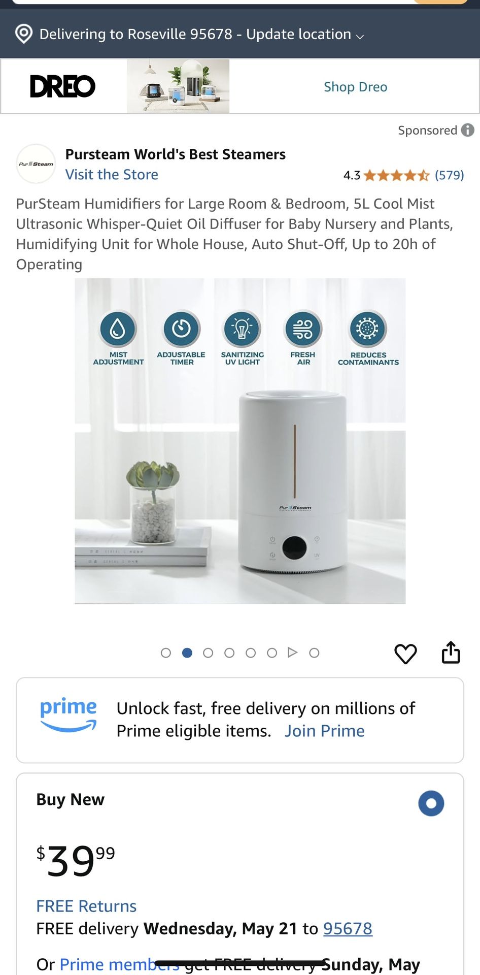 PurSteam Humidifiers for Large Room & Bedroom, 5L Cool Mist Ultrasonic