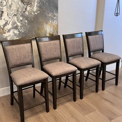 FOUR Solid Wood Trim Grey Fabric Bar Stools-Counter Height Chairs-Counter Stools-High Top Chairs