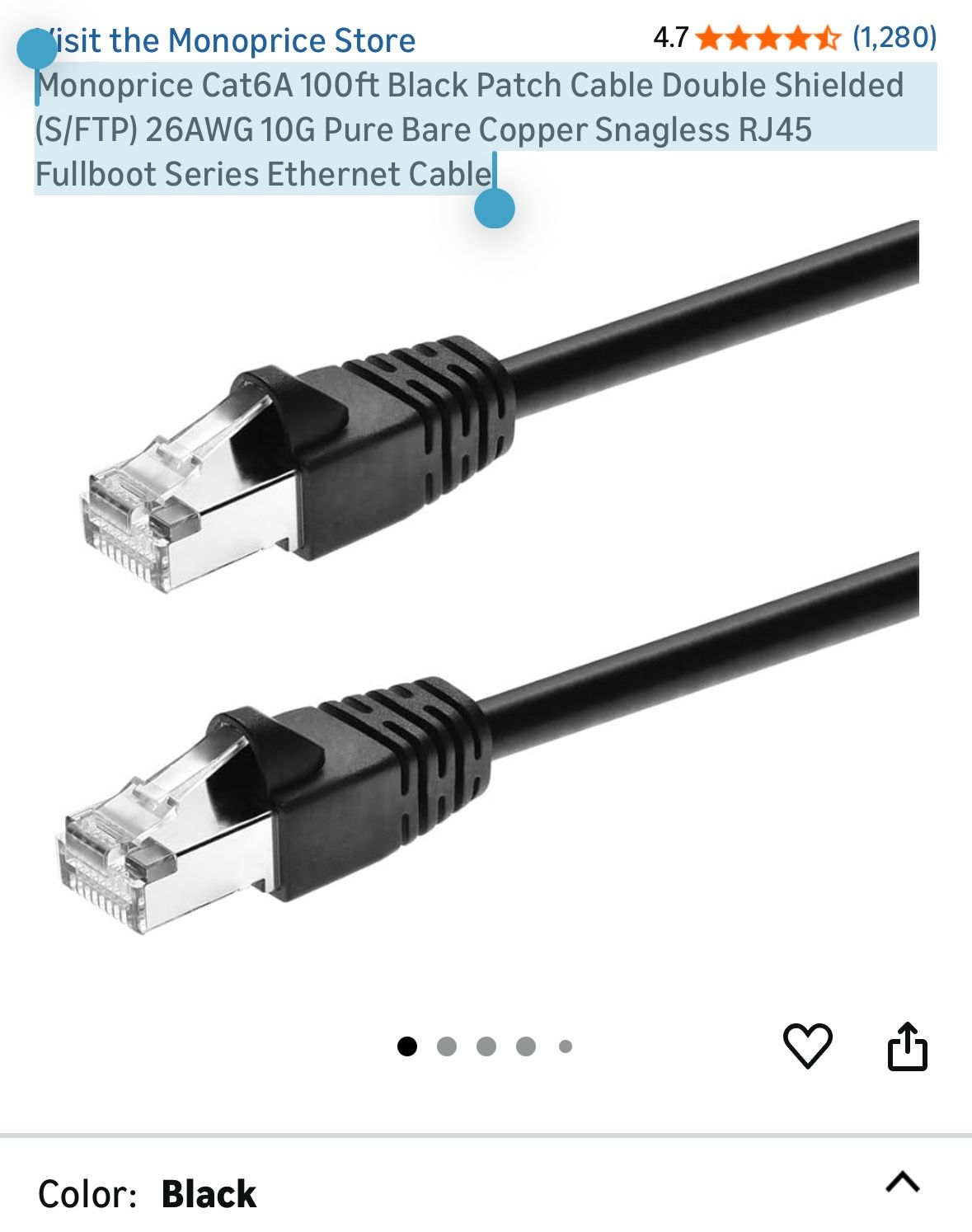 Monoprice Cat6A 100ft Black Patch Cable Double Shielded (S/FTP) 26AWG 10G Pure Bare Copper Snagless RJ45 Fullboot Series Ethernet Cable