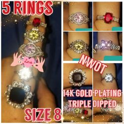 5 Rings, Size 8, 14K Plating