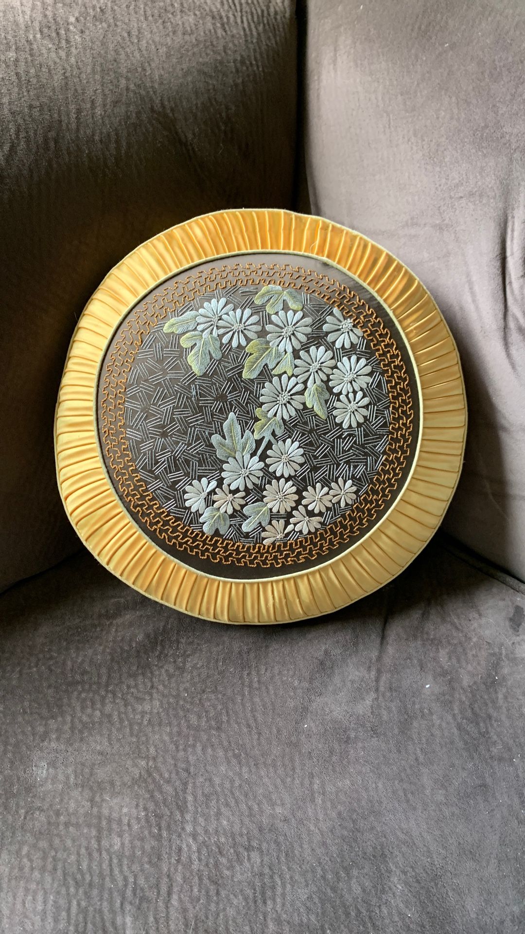 Vintage Floral Silk Embroidery Pillow Round 1950’s - 15” Wide
