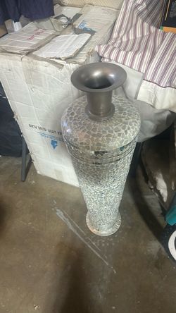 Large Mosaic Floor Vase with Metal Neck