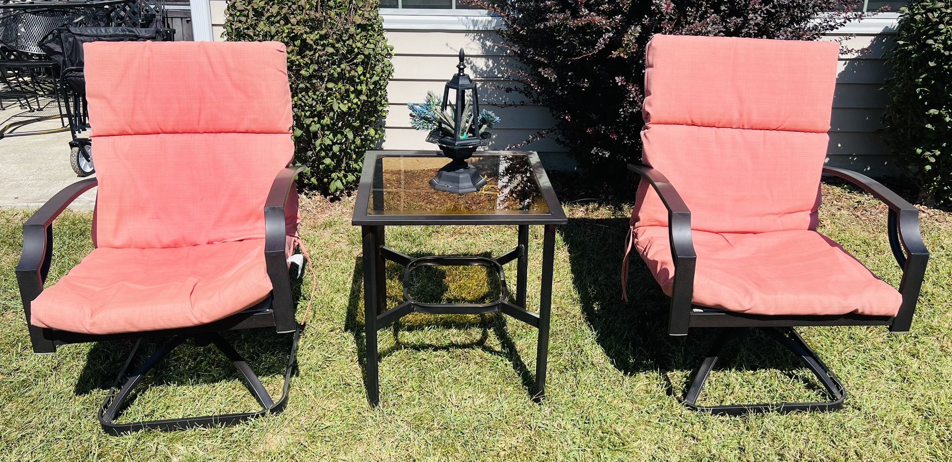 5 Piece Patio Bistro Set Outdoor 2 Swivel Rockers+Glass Top Side Table+2 Chair Pads