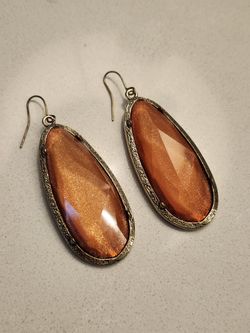 Copper Orange Glitter Teardrop Statement Earrings - Antiqued Gold Tone, 3 in. Drop