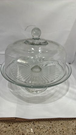 Anchor Hocking Canton glass cake stand with a dome lid.