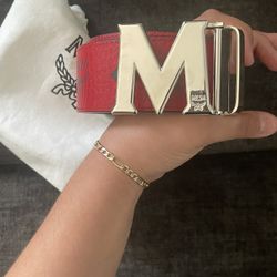 Red Mcm Belt Silver Buckle 