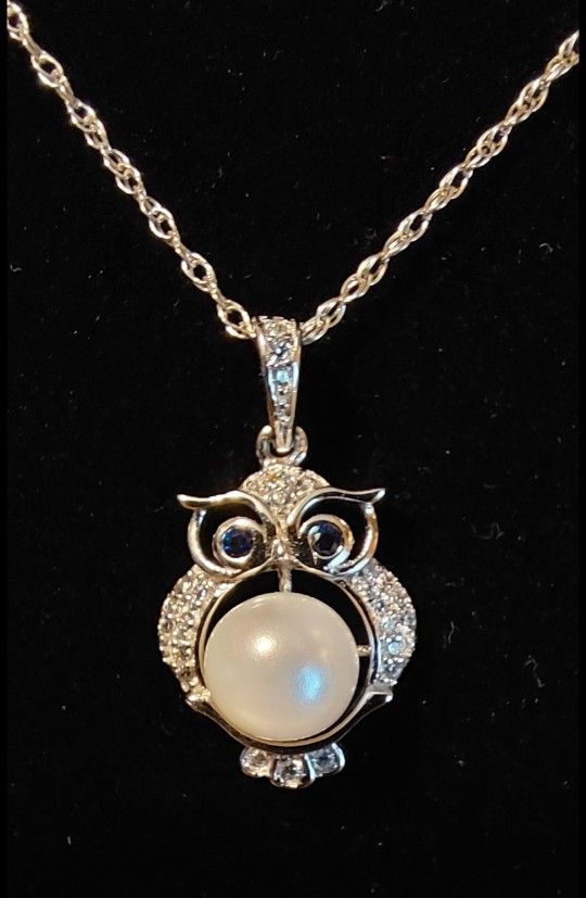 Wise Owl Cultured Vantel Pearls Crystal Sterling Silver Necklace (New)