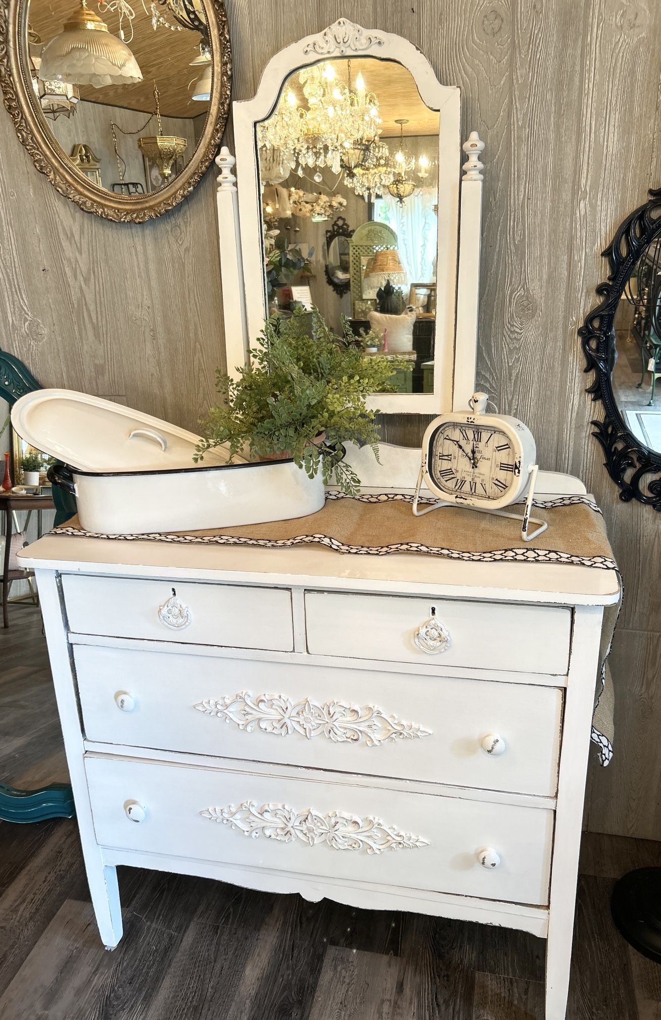 White Antique Farmhouse Style Dresser W/ Mirror