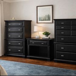 BLACK WOOD 2 DRESSERS AND NIGHT STAND 