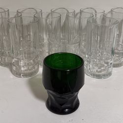Clear Glass Tumblers Set & Green Glass