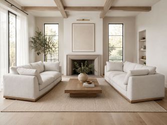Set of 2 - 102" Beige Linen Minimalist Sofa w/ Bottom Wood Trim [Retails for $4700]
