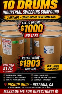 HUGE DEAL – 10 INDUSTRIAL SWEEPING COMPOUND DRUMS 🔥🔥  We are selling ALL 10 DRUMS for ONLY 💲1,000 NO TAX!  ✅ New / Good Condition ✅ Two Brands: REN