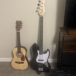 Acoustic and electric bass guitar with amp all the cords