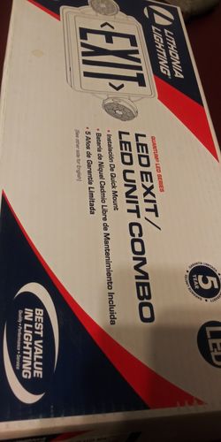 Lithonia Lighting LHQM LED R HO M6 LED Exit and Emergency Light Combo 2-Head Fixture, Red Letters and High Output Battery Backup.