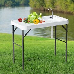 Folding Fish Cleaning Table with Sink, Portable Camping Sink Table with Measure Mark, Drainage Hose and Knife Groove, Outdoor Fish Fillet Cleaning Sta
