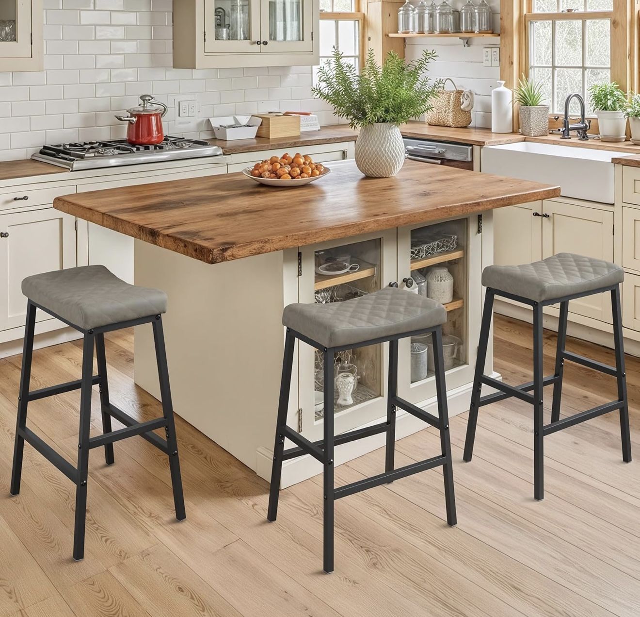 Set of 3 Counter Height Bar Stools – Grey Faux Leather / Black Metal Legs