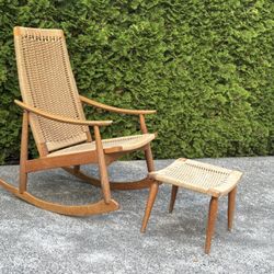 AFM Japan Mid Century Modern Woven Rope Rocking Chair And Ottoman 