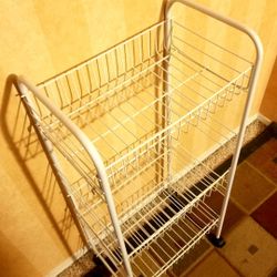 White Metal Wire Roll Away Shelf Storage Basket..3 Tier Shelfs. 2 Ft Tall..Great For Storage..Like New!