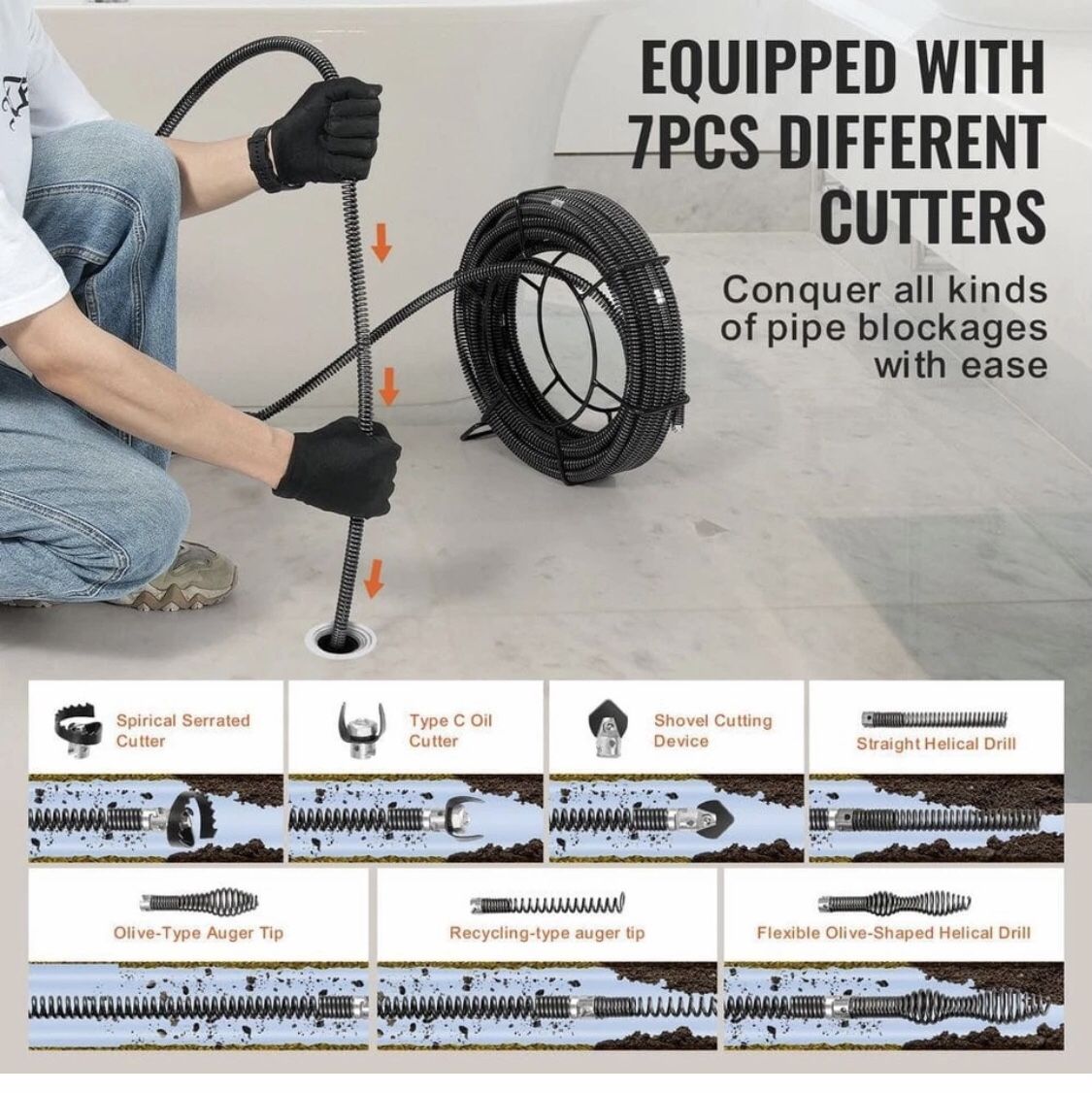 Drain Cleaning Cable 100 ft. x 5/8"Professional Sectional Drain Cleaner Cable w/