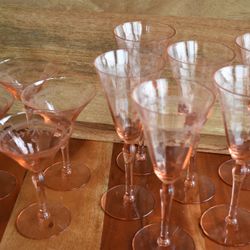 Vintage Pink Tiffin Franciscan Glass Panel Optic Etched Wine and Champagne glasses