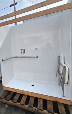 Walk-In Fiberglass Shower with Built-In Seat & Grab Bars